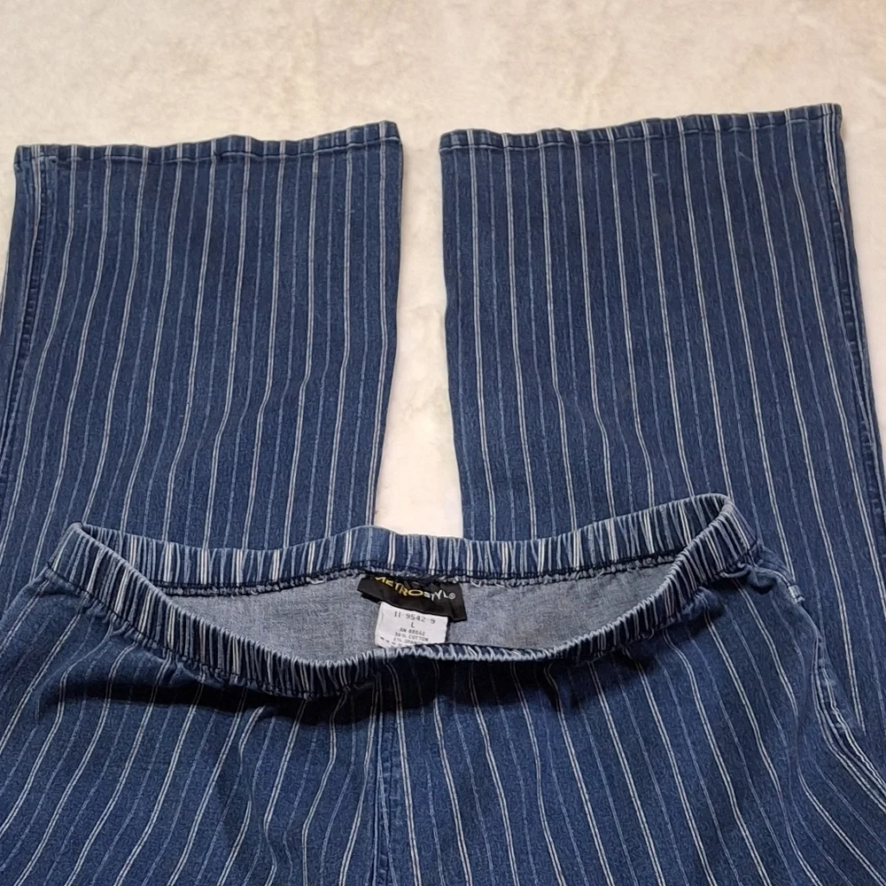 MetroStyle Blue & White Pinstripe Pull-On Comfy Cotton Pants  Women Size Large